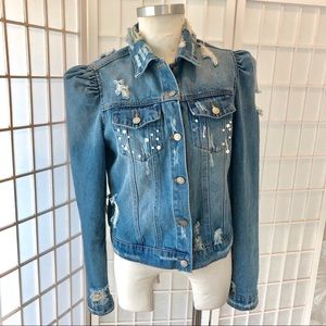 Honey Punch puff shoulder denim jacket w/ pearls